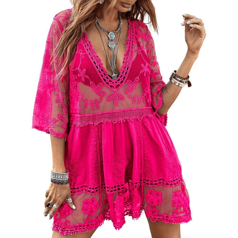 Women's Lace Cover Up V-Neck Swimwear Beach Dress Summer Casual